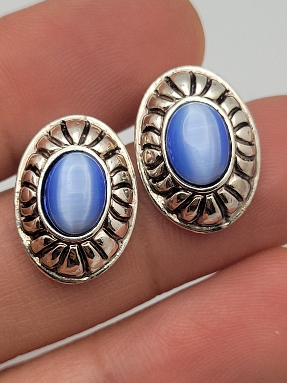 Blue Cat's Eye Oval Silver-Tone Stud Earrings